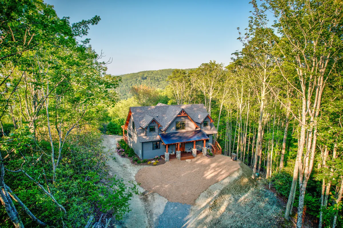A peaceful view of the house with a driveway and abundant surrounding trees, hinting at the extensive outdoor spaces available for nature walks and exploration with pets.